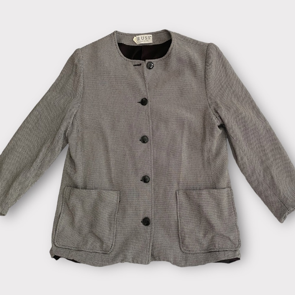 Vintage Russ Women’s Blazer Jacket Small Pincheck Collarless 80s 1980s Corpcore